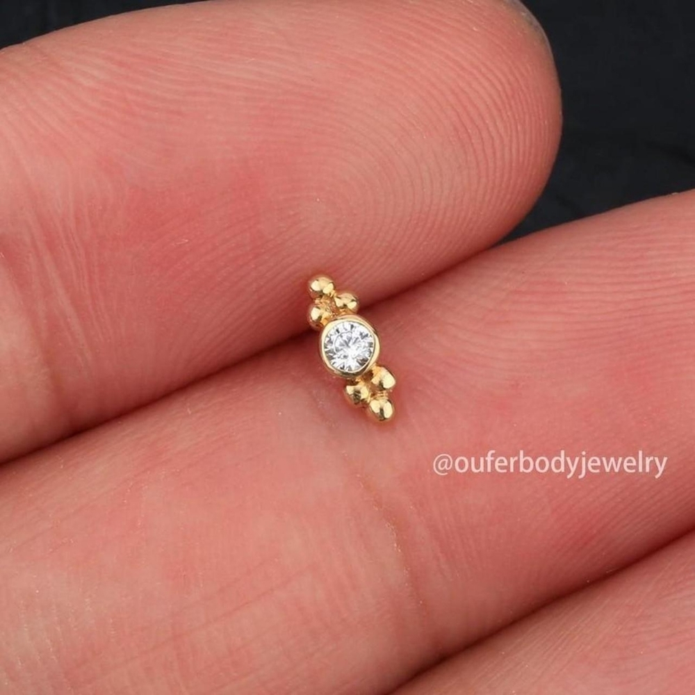 14K Gold CZ beads threadless push pin labret cartilage piercing